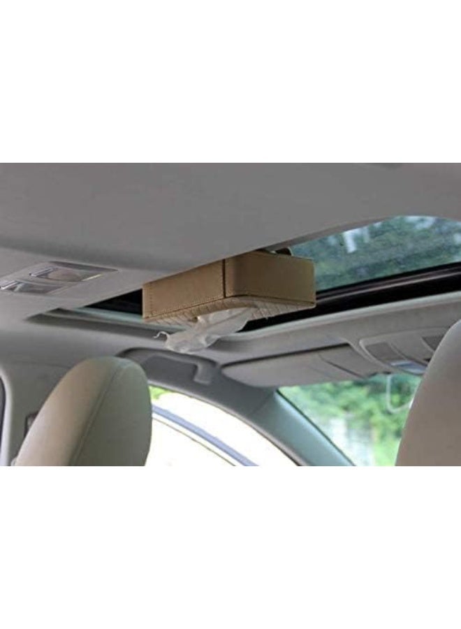 Car Tissue Holder PU Leather Clip Car Sun Visor Tissue Box Holder for Facial Tissue and Other Napkin Papers - Beige - Image 2
